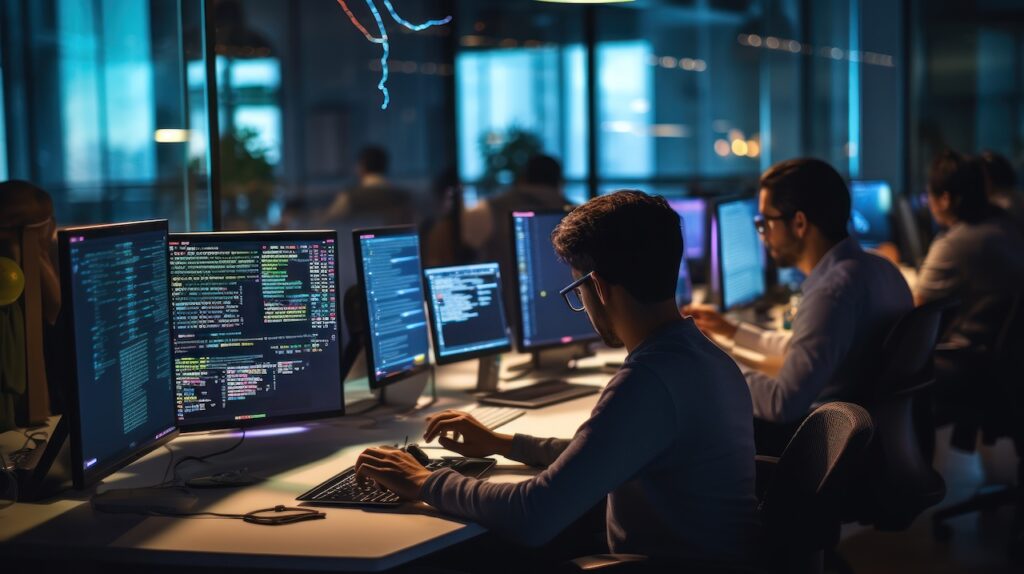 Softwareentwickler arbeiten konzentriert vor mehreren Monitoren in einem dunklen Buero
